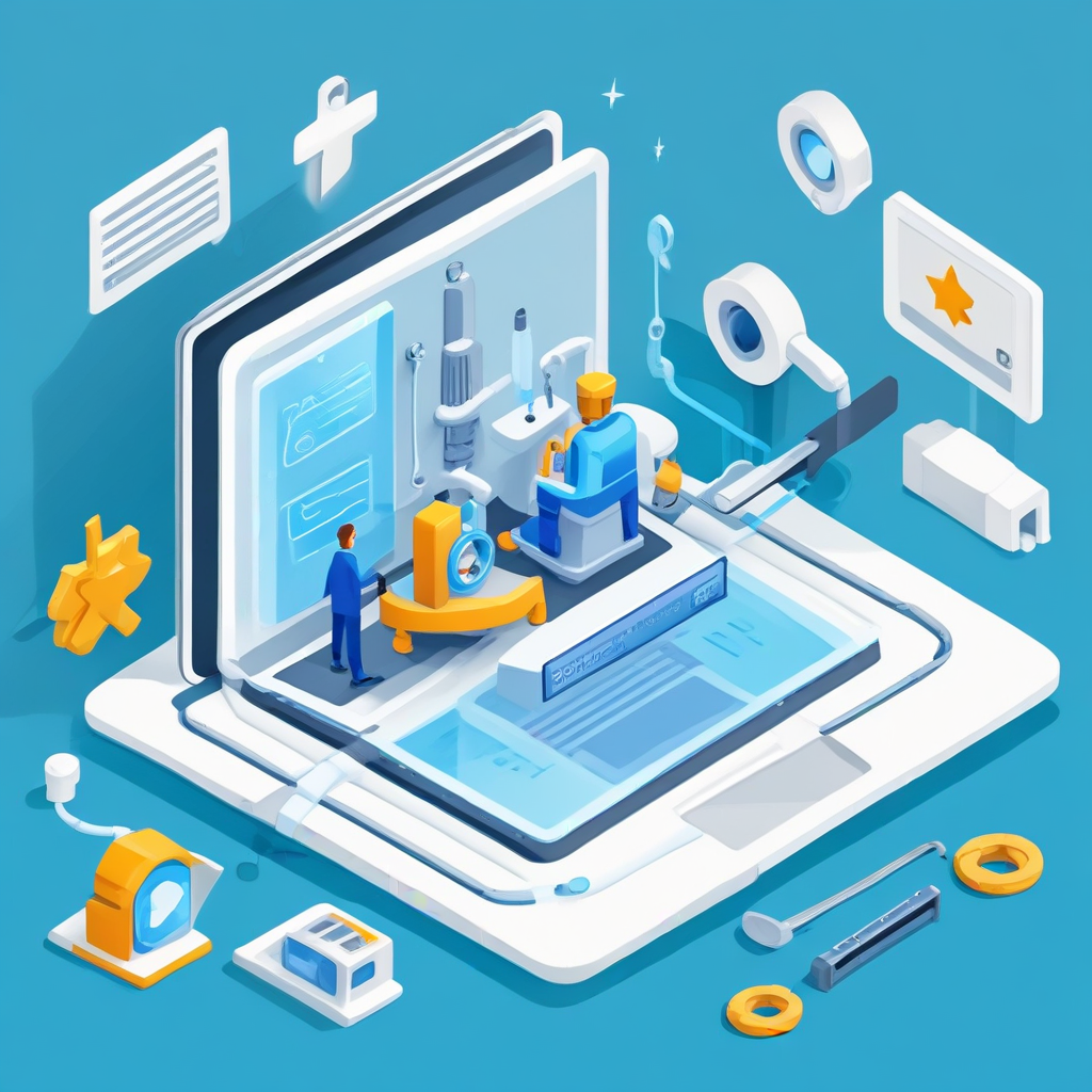 Isometric illustration of plumbing SEO elements surrounding a website